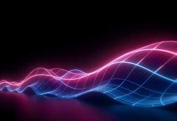 Obraz premium Abstract neon glowing waves in pink and blue colors, grid pattern, dark background, smooth surface with reflections,