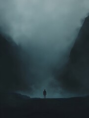 Moody and Atmospheric Cinematic Landscape with Solitary Silhouette in Misty Mountains