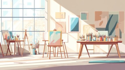 Sunlit artist studio interior with easels, canvases, paints, and art supplies.