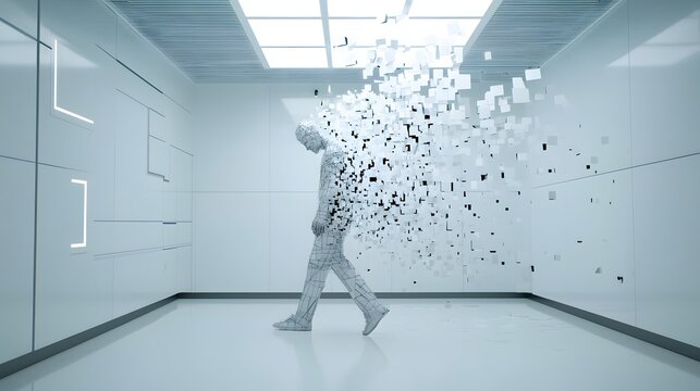 A human form dissolving into a digital landscape merging with the virtual realm and becoming one with the underlying code and pixels that define the digital world