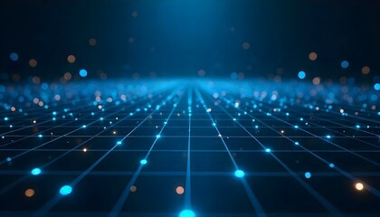 Obraz premium Blue grid with glowing dots and lines, creating a futuristic and technological atmosphere, with a dark background and bokeh effects