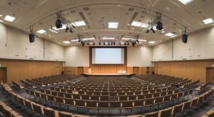 Naklejka premium Large Empty Conference Hall with Wooden Paneling and Stage