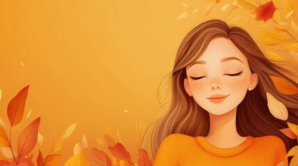 Serene woman in autumn leaves ambiance.