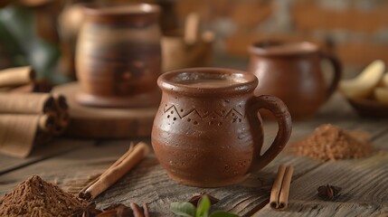 Rustic clay mug with intricate design on wooden table surrounded by spices and herbs