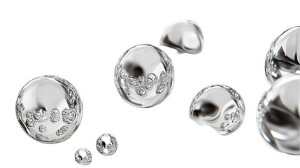 Close-up view of silver bubbles floating in the air. transparent background