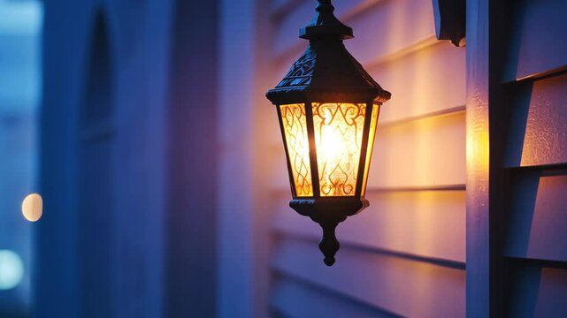 Evening outdoor lantern illuminating cozy porch in soft blue twilight