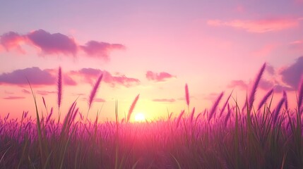 A serene sunset over a field of tall grass, creating a peaceful and calming atmosphere.