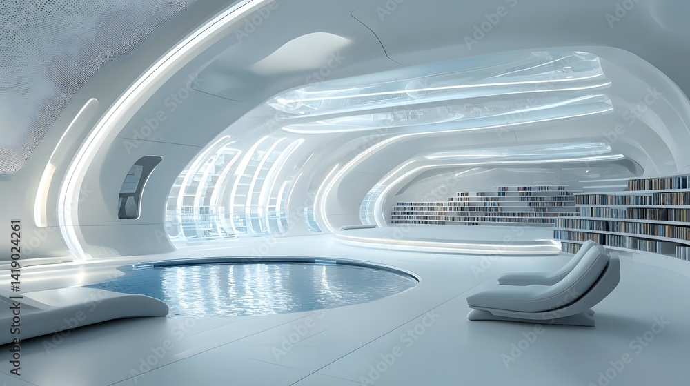 Poster futuristic library set in zero gravity space environment with books floating in midair showcasing in