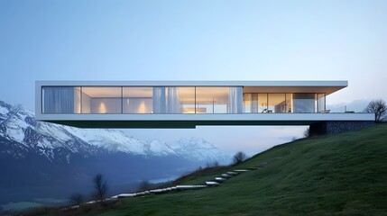 Floating Glass House Perched Atop Majestic Mountain with Captivating Panoramic Views of Serene Landscape and Stunning Skies
