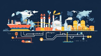Global industrial complex with pipelines, factory, and cargo ship, illustrating worldwide trade and manufacturing.