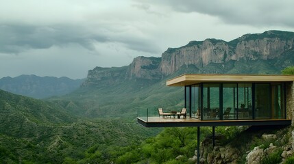 Breathtaking architectural glass house effortlessly floating above a picturesque mountain vista offering a serene and captivating visual experience