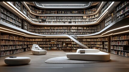 A visionary futuristic interior design showcasing a modernist library with books suspended in zero gravity creating a sleek ethereal and innovative spatial concept