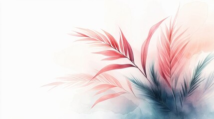 Obraz premium A soft and artistic illustration featuring delicate leaves in shades of pink and green against a light background, creating a serene and tranquil atmosphere.