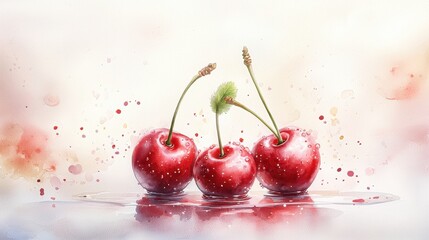 Three vibrant cherries with glistening surfaces, surrounded by soft watercolor splashes, creating a fresh and artistic composition.