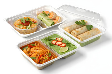 Healthy Asian Meal in Takeout Containers with Rice, Curry, and Vegetables – Isolated on White Background