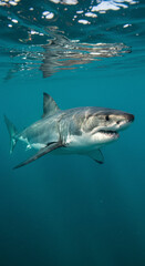 Fototapeta premium Great White Shark Swimming Underwater in Ocean