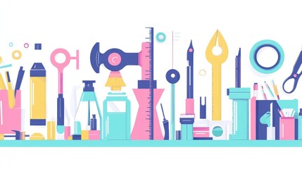 Colorful stationery and art supplies on a table.