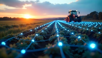 A tractor on a field with a network of glowing blue lights connecting the plants, sunset in the background