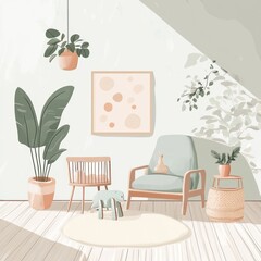 Sunlit nursery room with armchair, crib, plants, and artwork.