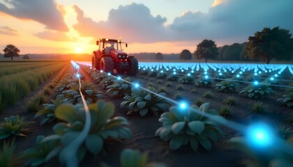 Fototapeta premium A tractor on a field with a network of glowing blue lights connecting the plants, sunset in the background