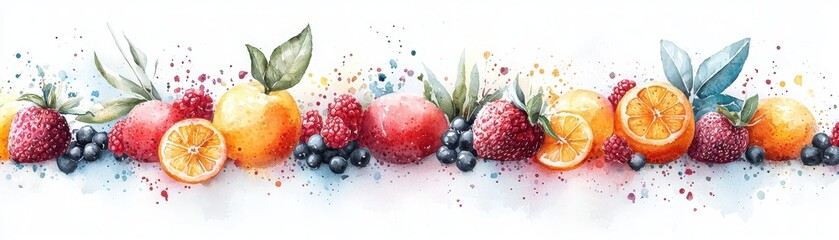 A vibrant watercolor illustration of an assortment of fruits, including oranges, strawberries, and blueberries, beautifully arranged in a colorful line.