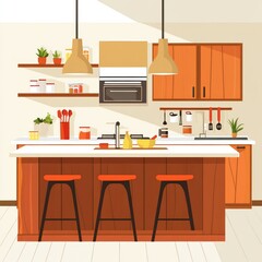 Modern kitchen island with wooden cabinets, countertops, and bar stools.