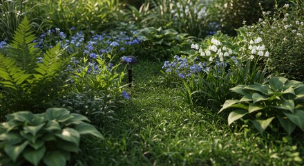 Lush Garden Path with Blue and White Flowers