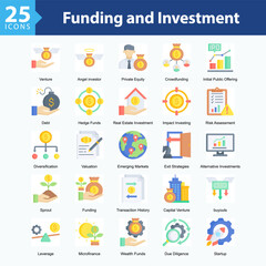 Funding and Investment is a collection of icons in sheet format illustrating modern investment strategies, financial growth, and sustainable economic approaches.