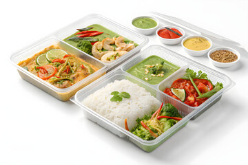 Healthy Asian Meal in Takeout Containers with Rice, Curry, and Vegetables – Isolated on White Background