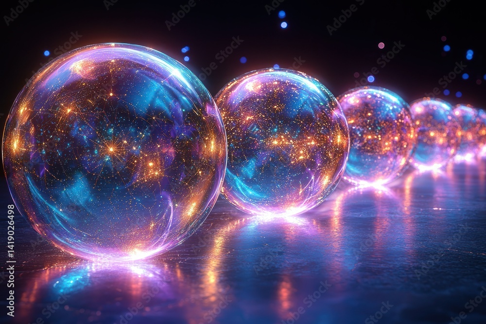 Poster radiant spheres in a glowing line. intense, glowing orbs arranged in a parallel row on a reflective 
