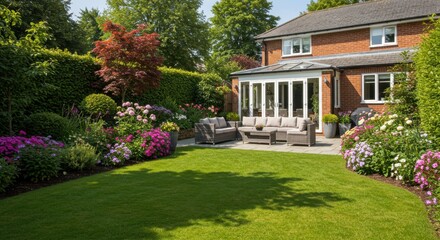 Obraz premium Lush Garden with Patio Furniture and Brick House