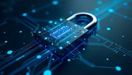 A futuristic padlock with circuit board design, glowing blue lines and dots, metallic shackle, futuristic background with abstract tech patterns