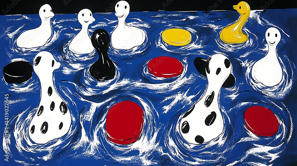 Aufkleber abstract artwork depicting stylized ducks and circular objects floating on a blue wavy surface. the 