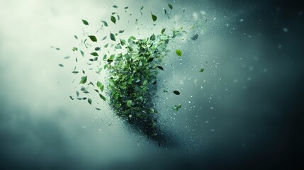 An abstract representation of leaves dispersing into the atmosphere, symbolizing nature's fragility and transformation in a mystical, ethereal setting.