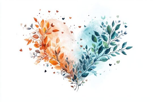 A vibrant watercolor illustration of a heart formed by intertwining leaves and small hearts, symbolizing love and nature.