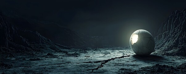 Glowing Crack in Stone Sphere on Alien Planet Landscape