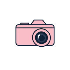 Logo design Flat vector style camera icon, light pink, black lens. Geometric shapes, clean lines. White background, minimalist aesthetic. Balance and symmetry are key