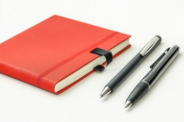 Naklejka premium Red leather journal and two black pens on white background