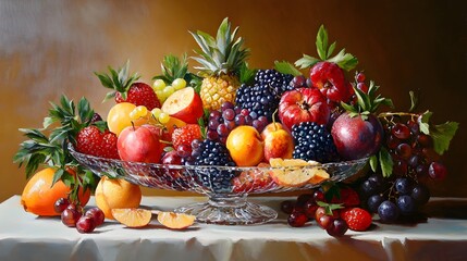 Bountiful Fruit Arrangement in Realist Oil Painting Style