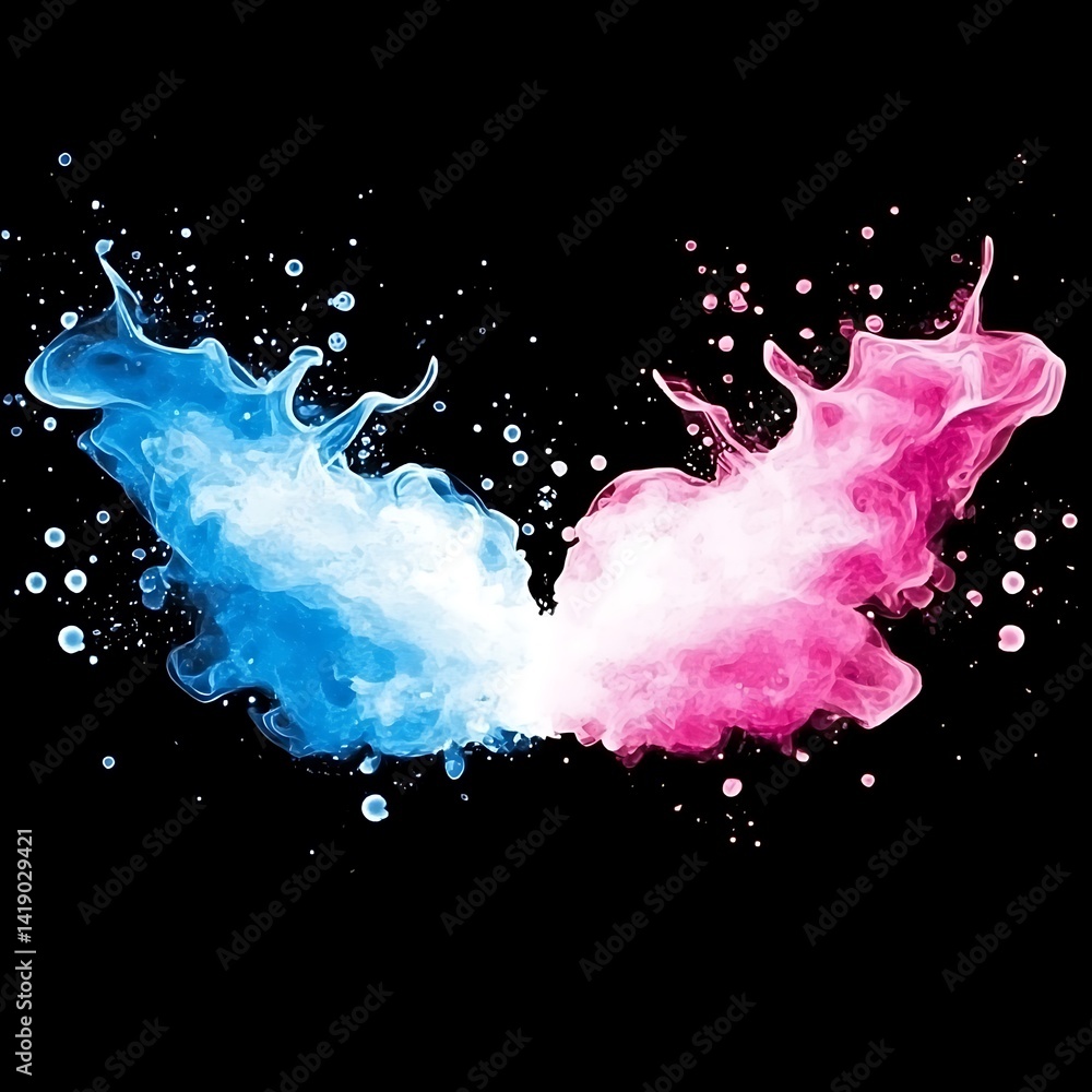 Aufkleber abstract image of blue and pink ink splashes forming a symmetrical shape against a black background.