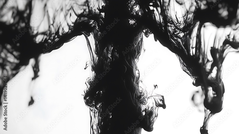 Poster abstract monochrome image of black ink swirling and dissolving in water, creating dynamic patterns a