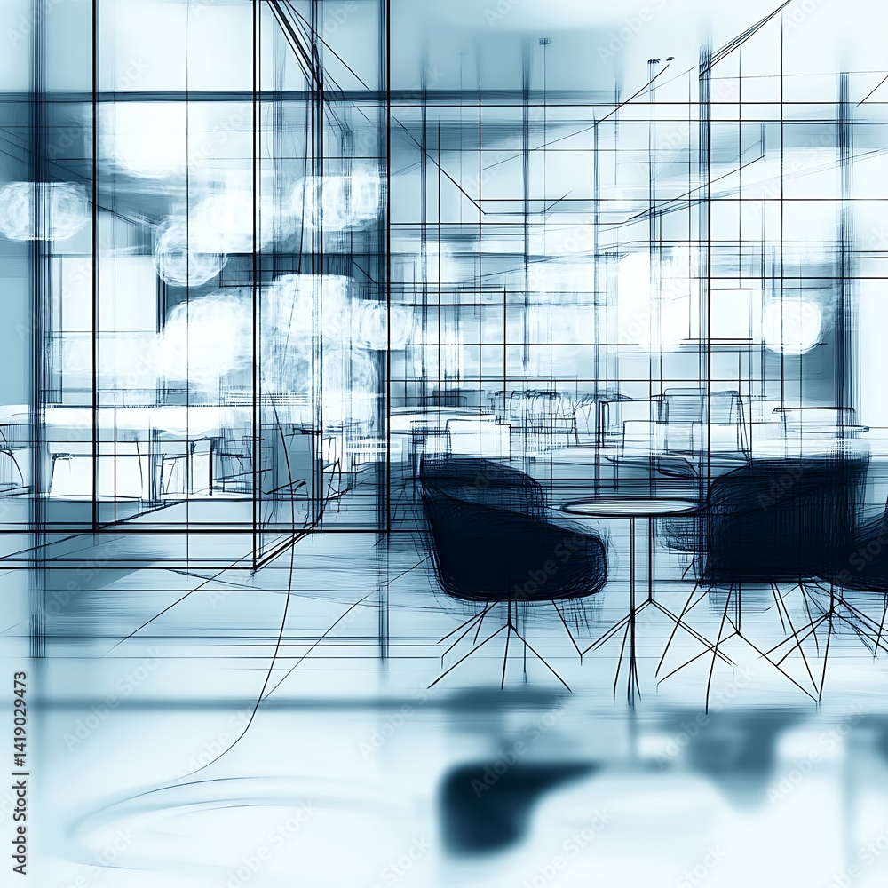 Poster abstract architectural rendering in shades of blue and white, featuring overlapping lines, shapes, a