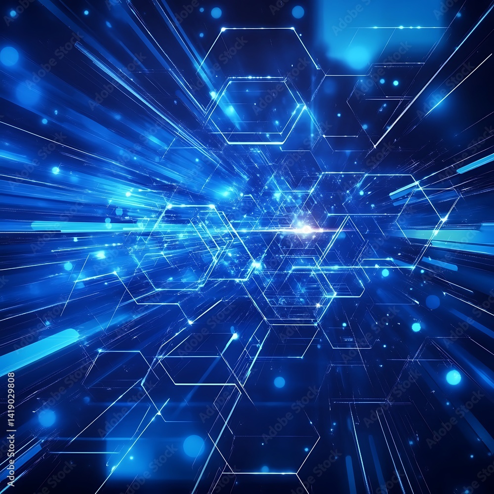 Poster abstract digital art depicting a dynamic, blue toned, three dimensional space filled with glowing li