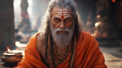 Indian sadhu baba hindu ascetic guru spiritual leader with tilak and beard portrait photography image photo