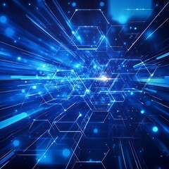 Abstract digital art depicting a dynamic, blue toned, three dimensional space filled with glowing lines, hexagons, and particles. The image creates a sense of speed and movement through the use of