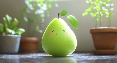Smiling pear on table surrounded by plants