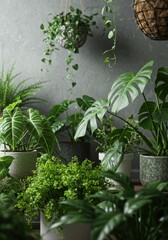 Lush Green Indoor Plants in Gray Pots Against a Gray Wall