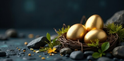 Naklejka premium Golden eggs nestled on dark shale, creating elegant Easter contrast , antique, decoration