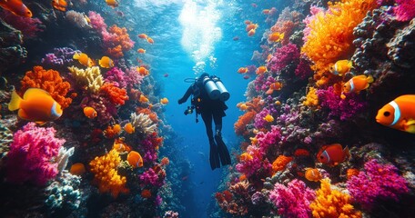 Scuba diver exploring vibrant coral reef with clownfish underwater in tropical ocean