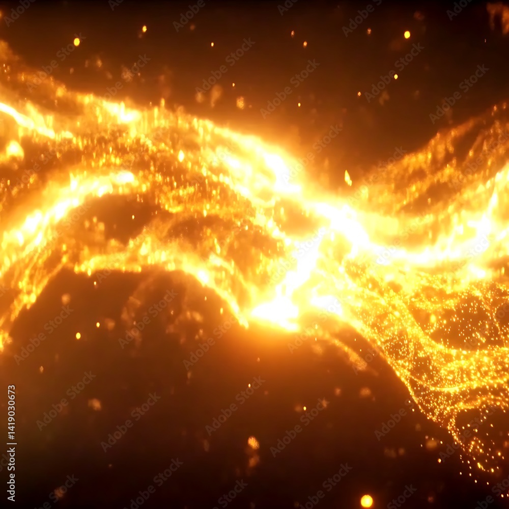 Poster abstract image of flowing golden particles on a dark background. the particles create swirling, dyna